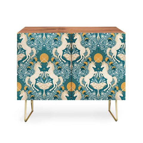 Avenie Unicorn Damask Turquoise Gold Credenza
