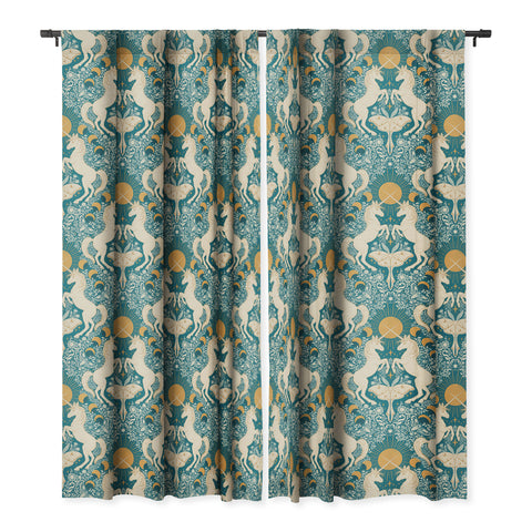 Avenie Unicorn Damask Turquoise Gold Blackout Window Curtain