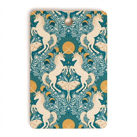 Avenie Unicorn Damask Turquoise Gold Cutting Board Rectangle