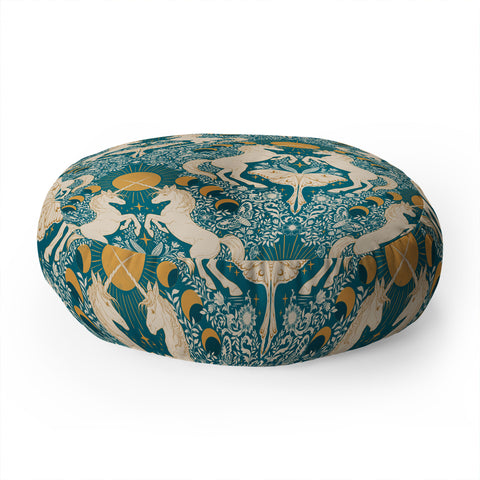 Avenie Unicorn Damask Turquoise Gold Floor Pillow Round