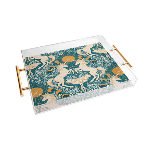 Avenie Unicorn Damask Turquoise Gold Acrylic Tray