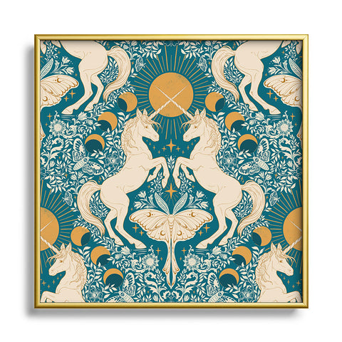 Avenie Unicorn Damask Turquoise Gold Square Metal Framed Art Print