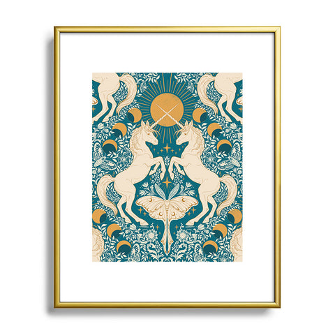 Avenie Unicorn Damask Turquoise Gold Metal Framed Art Print