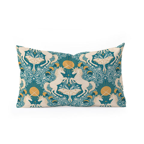 Avenie Unicorn Damask Turquoise Gold Oblong Throw Pillow