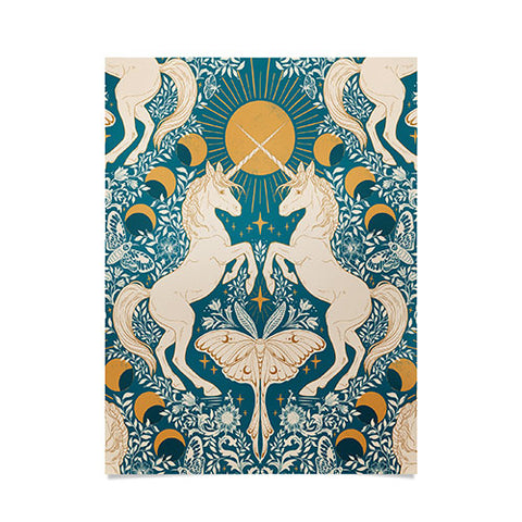 Avenie Unicorn Damask Turquoise Gold Poster