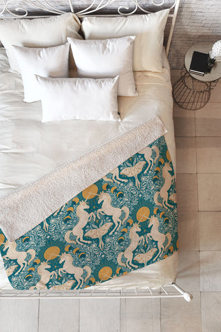 Avenie Unicorn Damask Turquoise Gold Fleece Throw Blanket