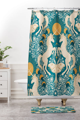 Avenie Unicorn Damask Turquoise Gold Shower Curtain And Mat