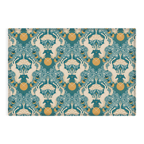Avenie Unicorn Damask Turquoise Gold Outdoor Rug