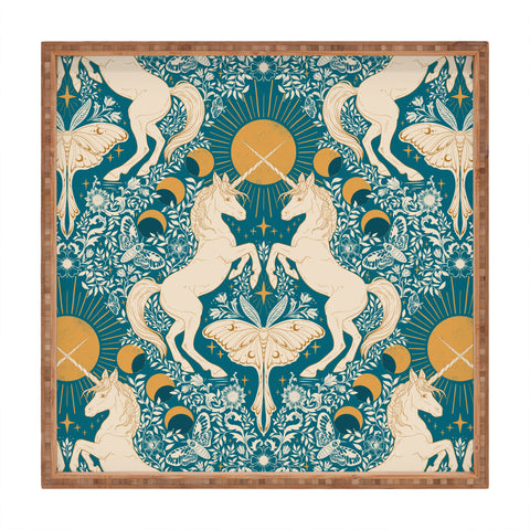 Avenie Unicorn Damask Turquoise Gold Square Tray