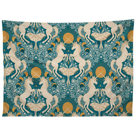 Avenie Unicorn Damask Turquoise Gold Tapestry