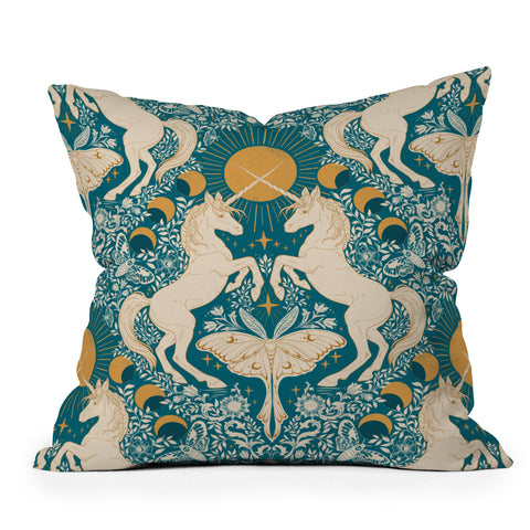 Avenie Unicorn Damask Turquoise Gold Outdoor Throw Pillow