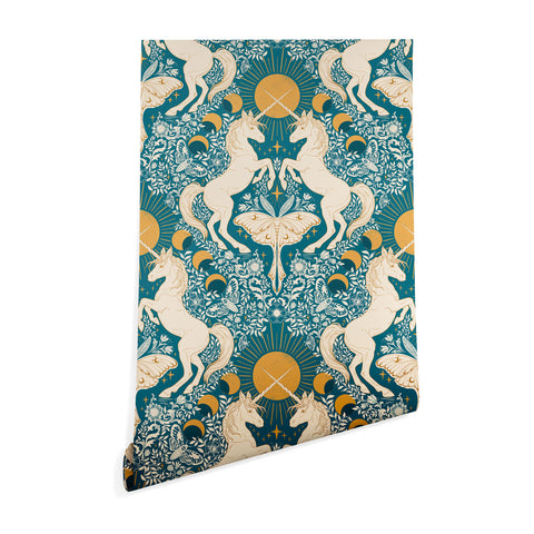 Avenie Unicorn Damask Turquoise Gold Wallpaper