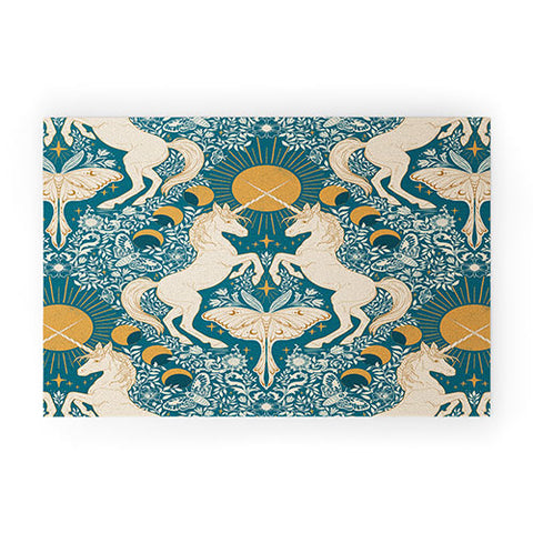 Avenie Unicorn Damask Turquoise Gold Welcome Mat