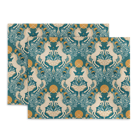 Avenie Unicorn Damask Turquoise Gold Placemat