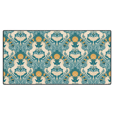 Avenie Unicorn Damask Turquoise Gold Desk Mat