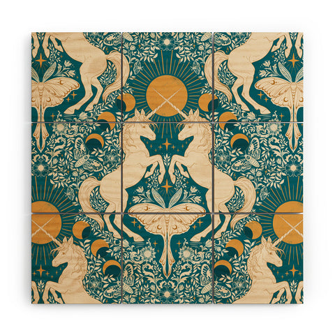 Avenie Unicorn Damask Turquoise Gold Wood Wall Mural
