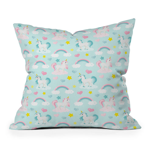 Avenie Unicorn Fairy Tale Blue Outdoor Throw Pillow