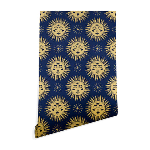 Avenie Vintage Sun Navy Wallpaper
