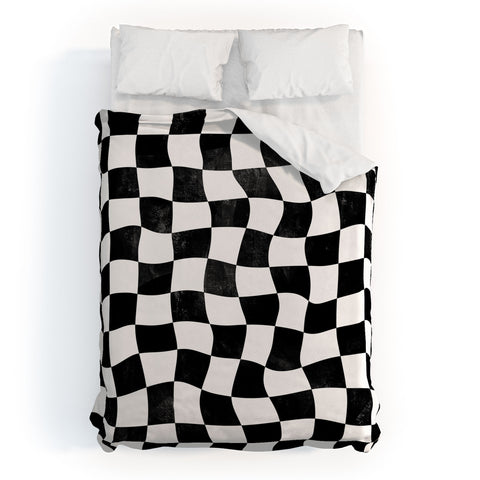 Avenie Warped Checkerboard BW Duvet Cover