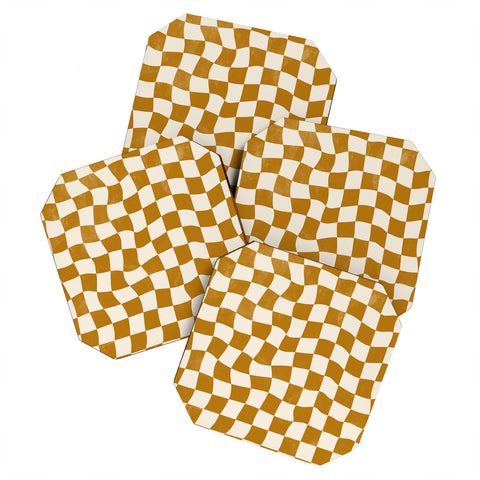 Avenie Warped Checkerboard Gold Coaster Set
