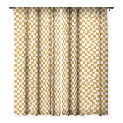 Avenie Warped Checkerboard Gold Sheer Window Curtain