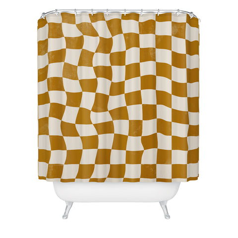 Avenie Warped Checkerboard Gold Shower Curtain