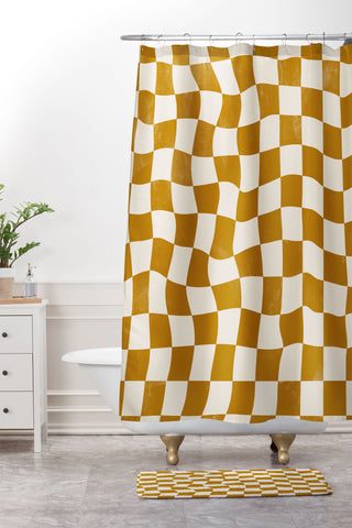 Avenie Warped Checkerboard Gold Shower Curtain And Mat