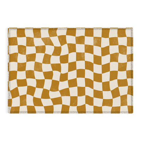 Avenie Warped Checkerboard Gold Outdoor Rug