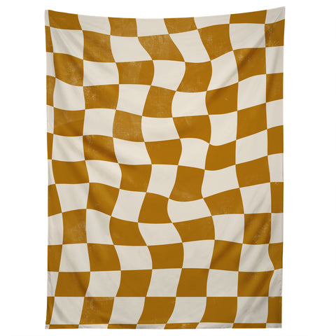 Avenie Warped Checkerboard Gold Tapestry
