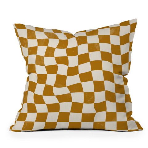 Avenie Warped Checkerboard Gold Throw Pillow