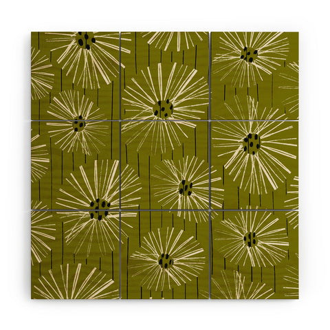 ayeyokp Retro Daisies Musk Green Wood Wall Mural