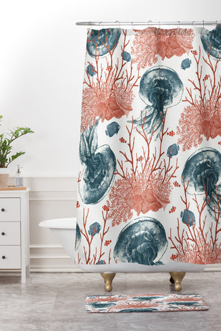 Belle13 Coral And Jellyfish Shower Curtain And Mat