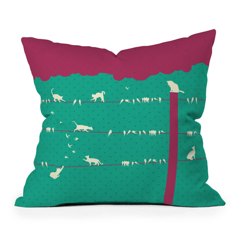 Belle13 Lollipop Cats And Birds On Wires Outdoor Throw Pillow