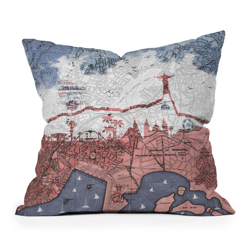 Belle13 Rio de Janeiro Skyline Vintage Map Outdoor Throw Pillow