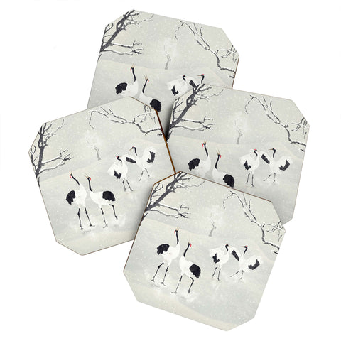 Belle13 Winter Love Dance Of Japanese Cranes Coaster Set