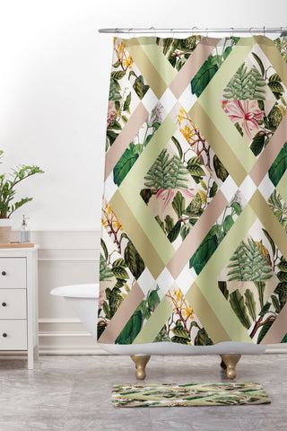 Bianca Green Cubed Vintage Botanicals Shower Curtain And Mat