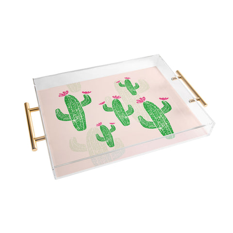 Bianca Green Linocut Cacti 2 Blooming Acrylic Tray