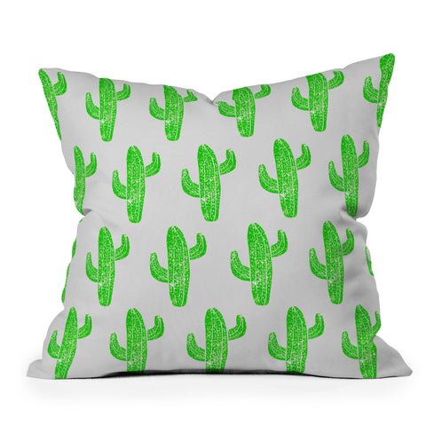 Bianca Green Linocut Cacti Green Outdoor Throw Pillow