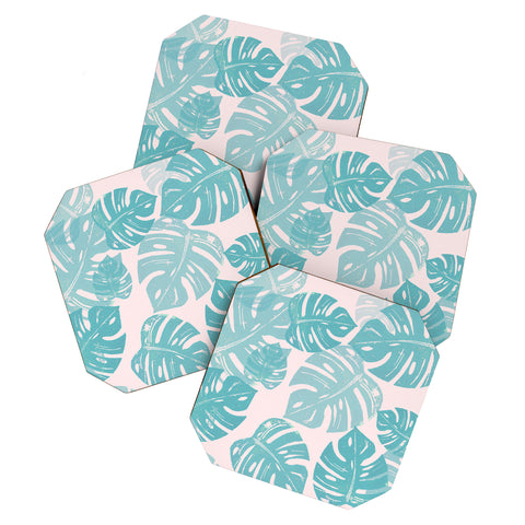 Bianca Green Linocut Monstera Pastel Coaster Set