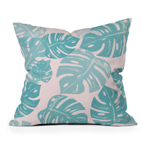 Bianca Green Linocut Monstera Pastel Outdoor Throw Pillow