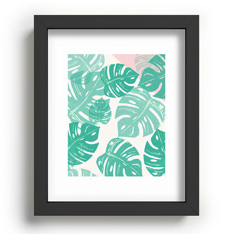 Bianca Green Linocut Monstera Rosy Recessed Framing Rectangle
