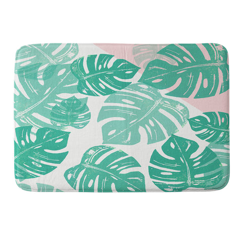 Bianca Green Linocut Monstera Rosy Memory Foam Bath Mat