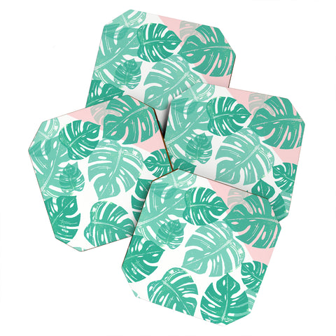 Bianca Green Linocut Monstera Rosy Coaster Set