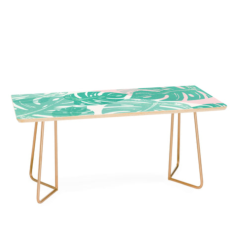 Bianca Green Linocut Monstera Rosy Coffee Table