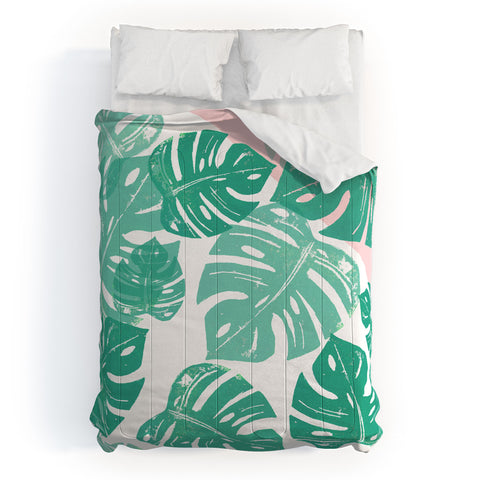 Bianca Green Linocut Monstera Rosy Comforter