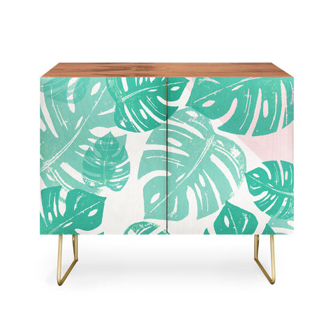 Bianca Green Linocut Monstera Rosy Credenza