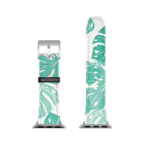 Bianca Green Linocut Monstera Rosy Apple Watch Band