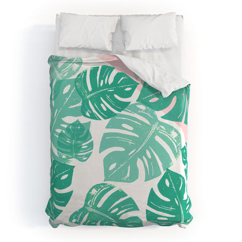 Bianca Green Linocut Monstera Rosy Duvet Cover