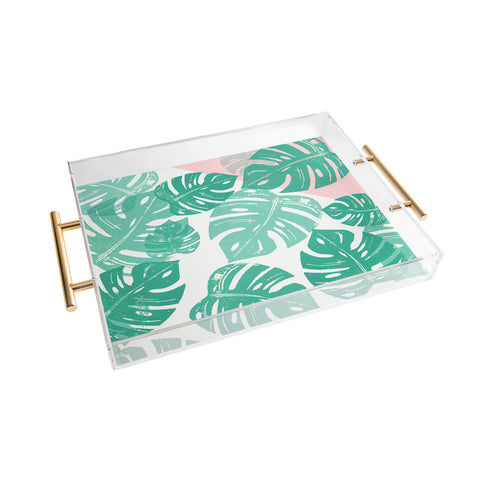 Bianca Green Linocut Monstera Rosy Acrylic Tray