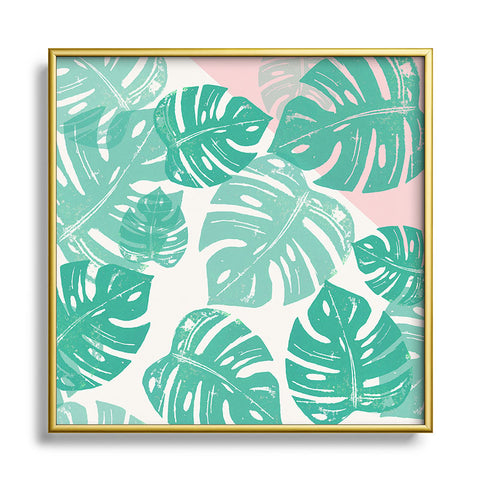 Bianca Green Linocut Monstera Rosy Square Metal Framed Art Print